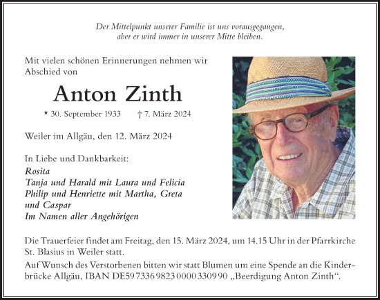 Traueranzeige von Anton Zinth von Der Westallgäuer