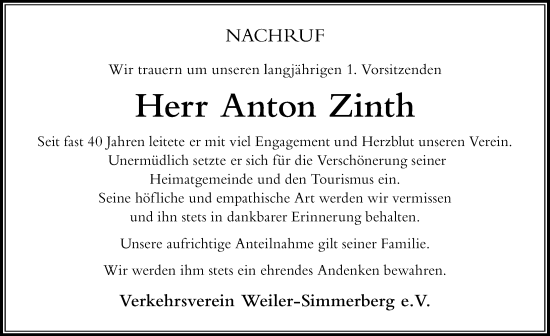 Traueranzeige von Anton Zinth von Der Westallgäuer