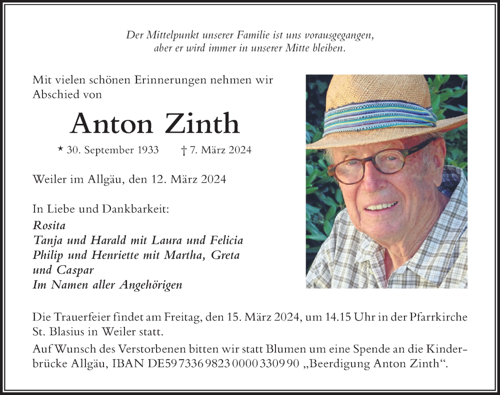  Traueranzeige für Anton Zinth vom 12.03.2024 aus Der Westallgäuer