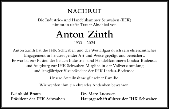 Traueranzeige von Anton Zinth von Der Westallgäuer