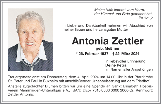 Traueranzeige von Antonia Zettler von Memminger Zeitung