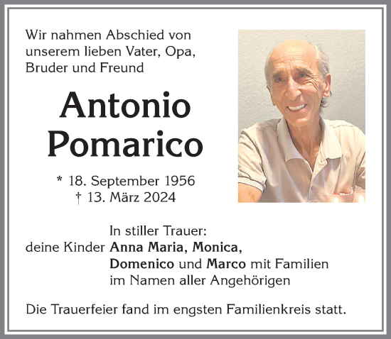 Traueranzeige von Antonio Pomarico von Allgäuer Zeitung,Kempten