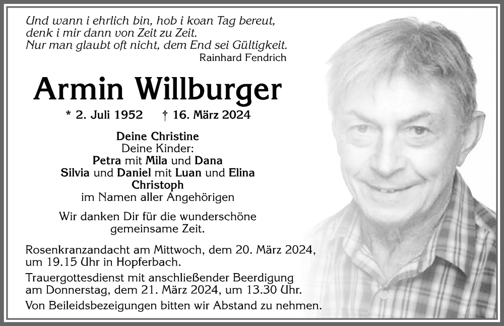  Traueranzeige für Armin Willburger vom 19.03.2024 aus Allgäuer Zeitung, Kaufbeuren/Buchloe