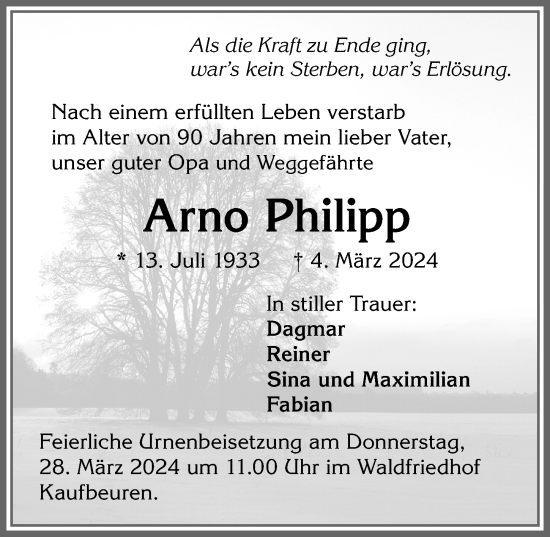Traueranzeige von Arno Philipp von Allgäuer Zeitung, Kaufbeuren/Buchloe