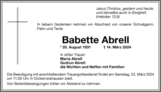 Traueranzeige von Babette Abrell von Memminger Zeitung