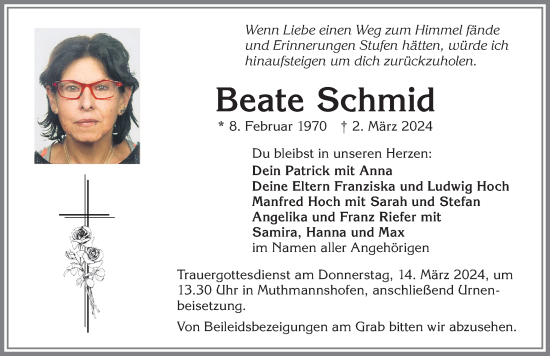 Traueranzeige von Beate Schmid von Allgäuer Zeitung,Kempten