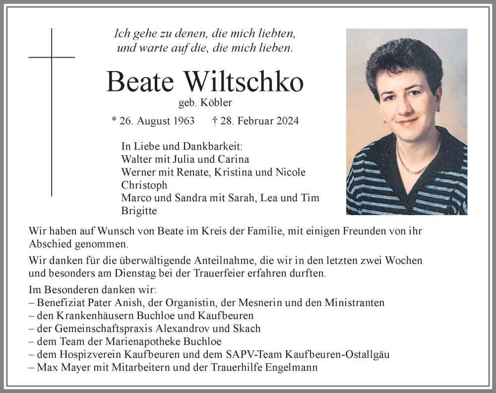  Traueranzeige für Beate Wiltschko vom 16.03.2024 aus Allgäuer Zeitung, Kaufbeuren/Buchloe