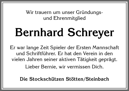 Traueranzeige von Bernhard Schreyer von Allgäuer Zeitung, Marktoberdorf