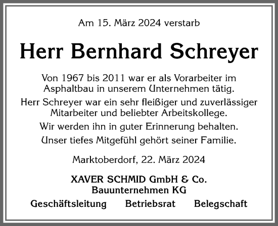 Traueranzeige von Bernhard Schreyer von Allgäuer Zeitung, Marktoberdorf