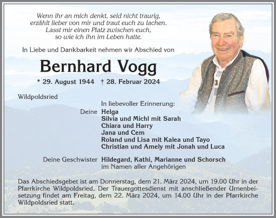 Traueranzeige von Bernhard Vogg von Allgäuer Zeitung, Marktoberdorf