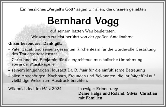 Traueranzeige von Bernhard Vogg von Allgäuer Zeitung,Kempten