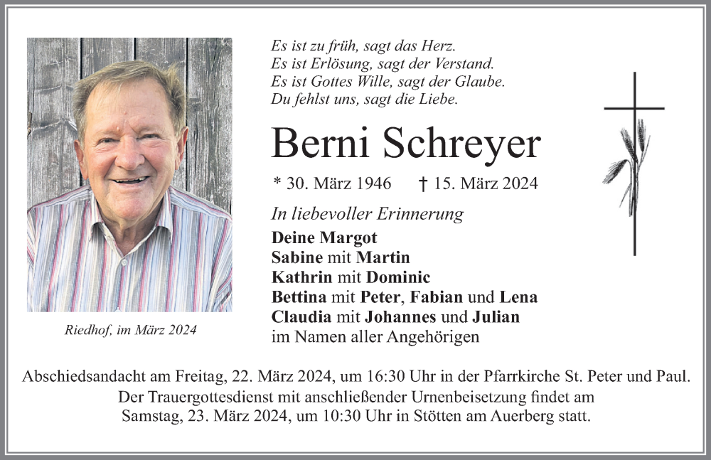  Traueranzeige für Berni Schreyer vom 20.03.2024 aus Allgäuer Zeitung, Marktoberdorf