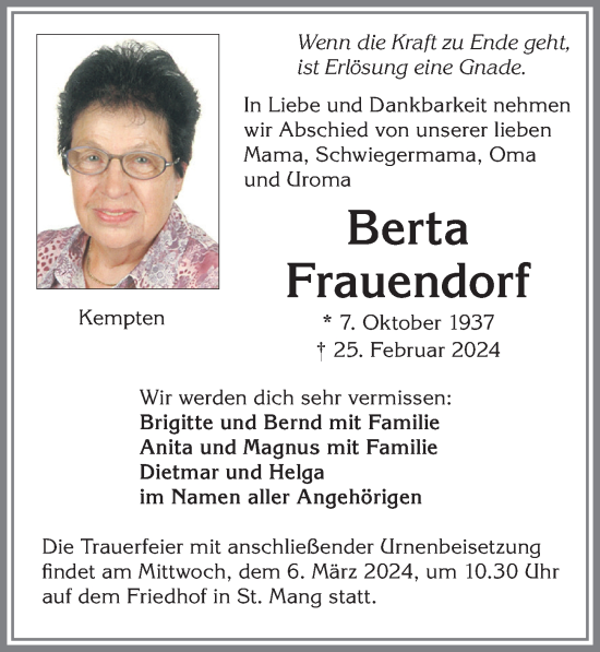 Traueranzeige von Berta Frauendorf von Allgäuer Zeitung,Kempten