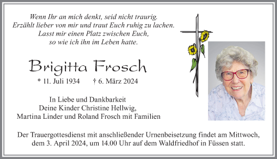 Traueranzeige von Brigitta Frosch von Allgäuer Zeitung, Füssen