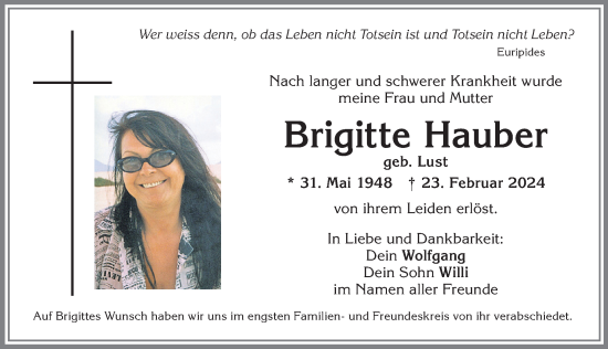 Traueranzeige von Brigitte Hauber von Allgäuer Zeitung, Füssen