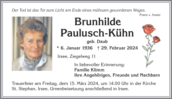 Traueranzeige von Brunhilde Paulusch-Kühn von Allgäuer Zeitung, Kaufbeuren/Buchloe