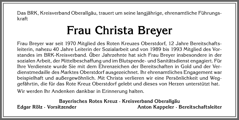  Traueranzeige für Christa Breyer vom 30.03.2024 aus Allgäuer Anzeigeblatt