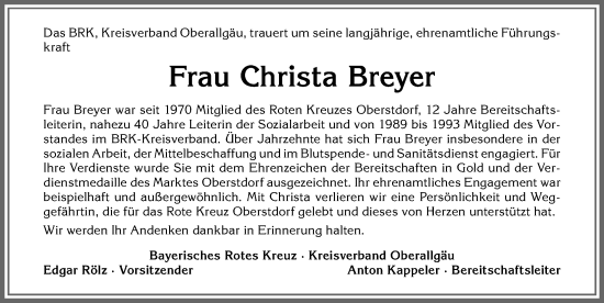 Traueranzeige von Christa Breyer von Allgäuer Anzeigeblatt