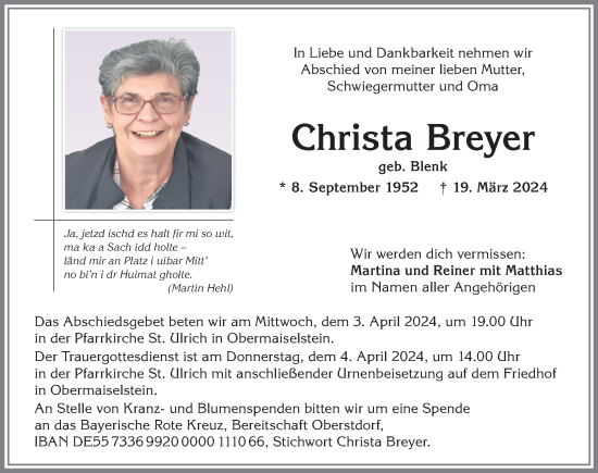 Traueranzeige von Christa Breyer von Allgäuer Anzeigeblatt