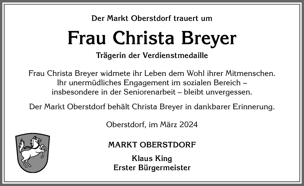  Traueranzeige für Christa Breyer vom 30.03.2024 aus Allgäuer Anzeigeblatt