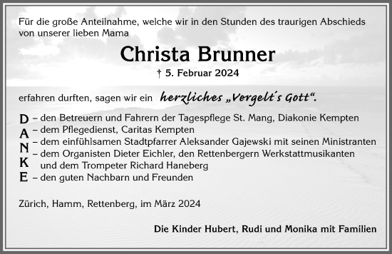 Traueranzeige von Christa Brunner von Allgäuer Zeitung,Kempten