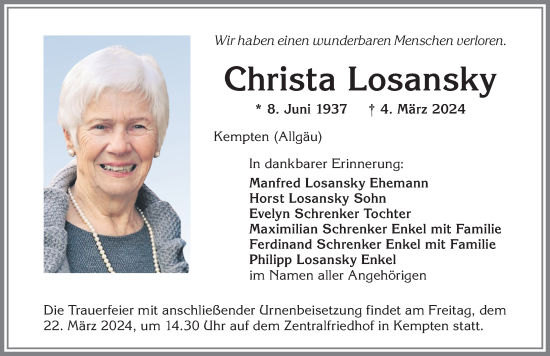 Traueranzeige von Christa Losansky von Memminger Zeitung