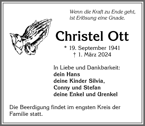 Traueranzeige von Christel Ott von Allgäuer Anzeigeblatt