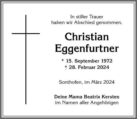 Traueranzeige von Christian Eggenfurtner von Allgäuer Anzeigeblatt