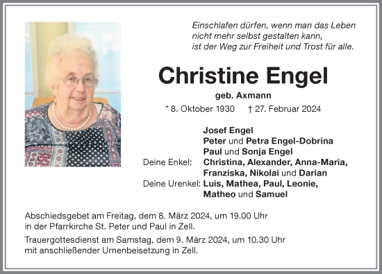 Traueranzeige von Christine Engel von Memminger Zeitung