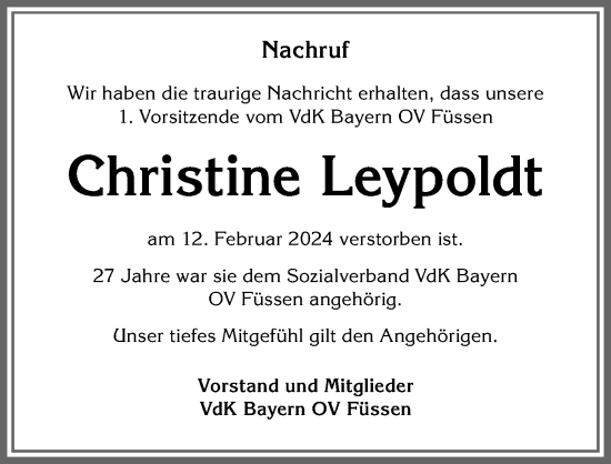 Traueranzeige von Christine Leypoldt von Allgäuer Zeitung, Füssen