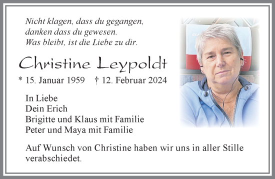 Traueranzeige von Christine Leypoldt von Allgäuer Zeitung, Füssen