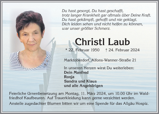 Traueranzeige von Christl Laub von Allgäuer Zeitung, Marktoberdorf