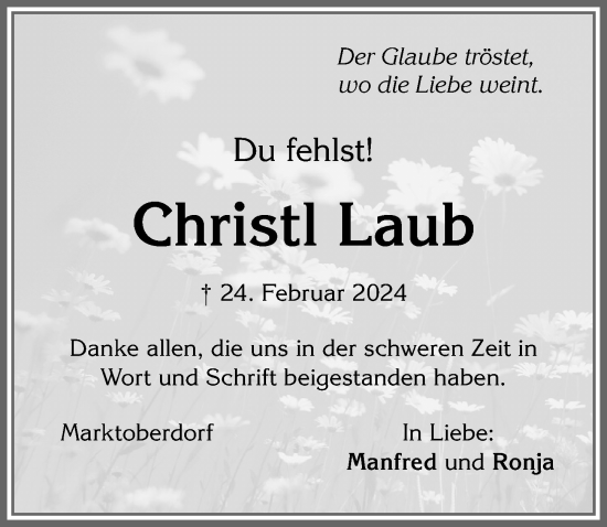 Traueranzeige von Christl Laub von Allgäuer Zeitung, Marktoberdorf