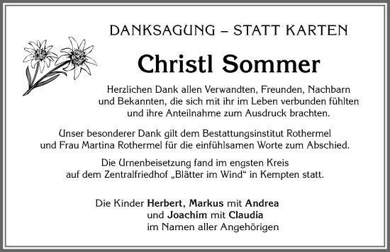 Traueranzeige von Christl Sommer von Allgäuer Zeitung,Kempten