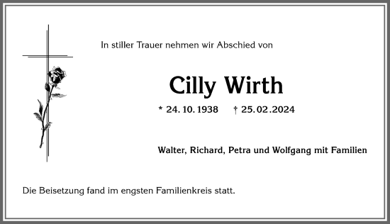 Traueranzeige von Cilly Wirth von Allgäuer Anzeigeblatt