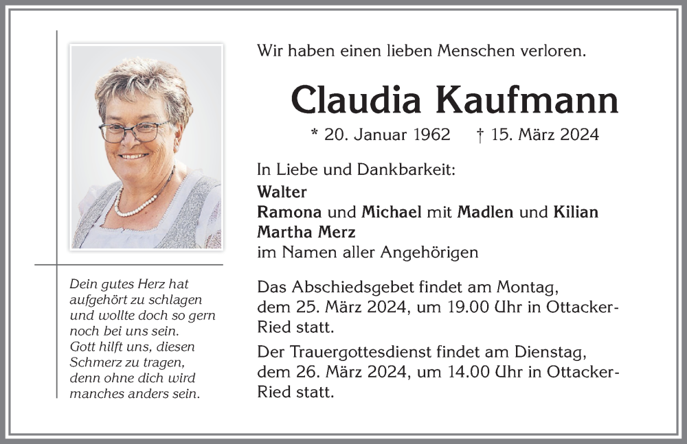  Traueranzeige für Claudia Kaufmann vom 23.03.2024 aus Allgäuer Zeitung,Kempten