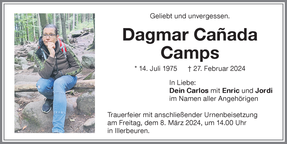  Traueranzeige für Dagmar Canada Camps vom 05.03.2024 aus Memminger Zeitung