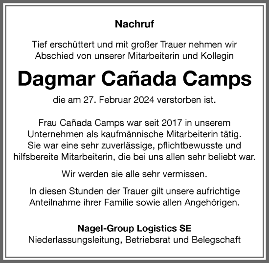 Traueranzeige von Dagmar Canada Camps von Memminger Zeitung