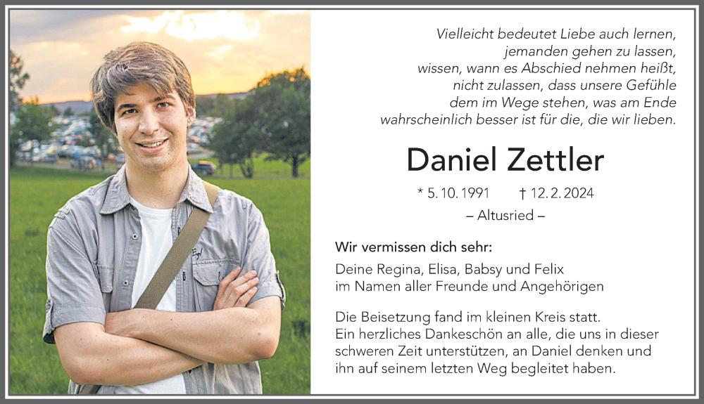  Traueranzeige für Daniel Zettler vom 16.03.2024 aus Allgäuer Zeitung,Kempten