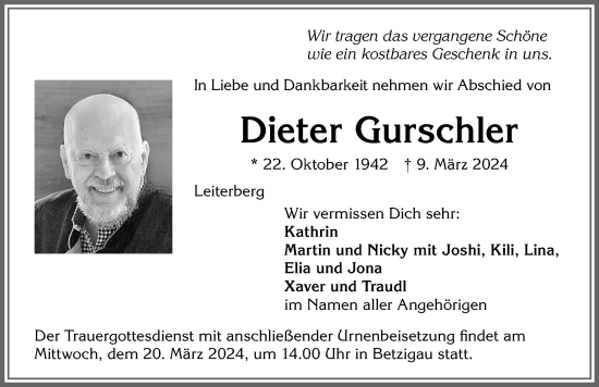 Traueranzeige von Dieter Gurschler von Allgäuer Zeitung,Kempten