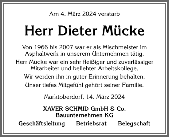 Traueranzeige von Dieter Mücke von Allgäuer Zeitung, Marktoberdorf