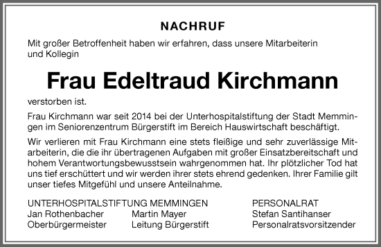 Traueranzeige von Edeltraud Kirchmann von Memminger Zeitung