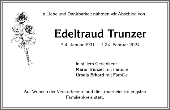 Traueranzeige von Edeltraud Trunzer von Allgäuer Zeitung,Kempten