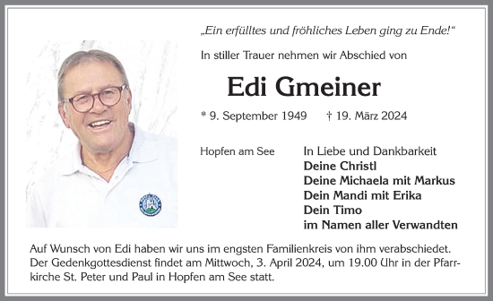 Traueranzeige von Edi Gmeiner von Allgäuer Zeitung, Füssen