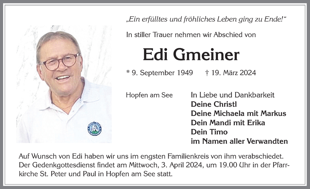  Traueranzeige für Edi Gmeiner vom 30.03.2024 aus Allgäuer Zeitung, Füssen