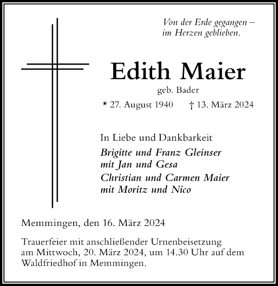 Traueranzeige von Edith Maier von Memminger Zeitung
