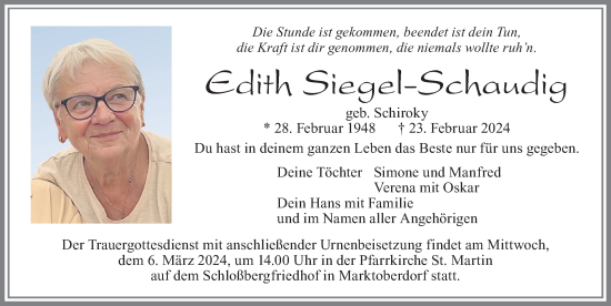 Traueranzeige von Edith Siegel-Schaudig von Allgäuer Zeitung, Marktoberdorf