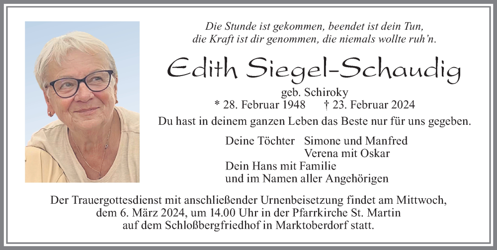 Traueranzeige für Edith Siegel-Schaudig vom 05.03.2024 aus Allgäuer Zeitung, Marktoberdorf