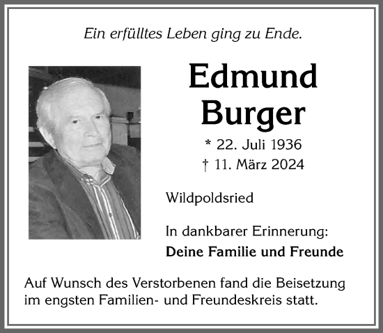 Traueranzeige von Edmund Burger von Allgäuer Zeitung,Kempten