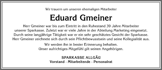 Traueranzeige von Eduard Gmeiner von Allgäuer Anzeigeblatt